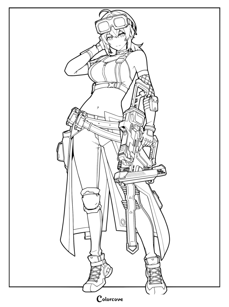 Grace Howard from Zenless Zone Zero wearing goggles and holding a large mechanical weapon in this detailed line art coloring page.