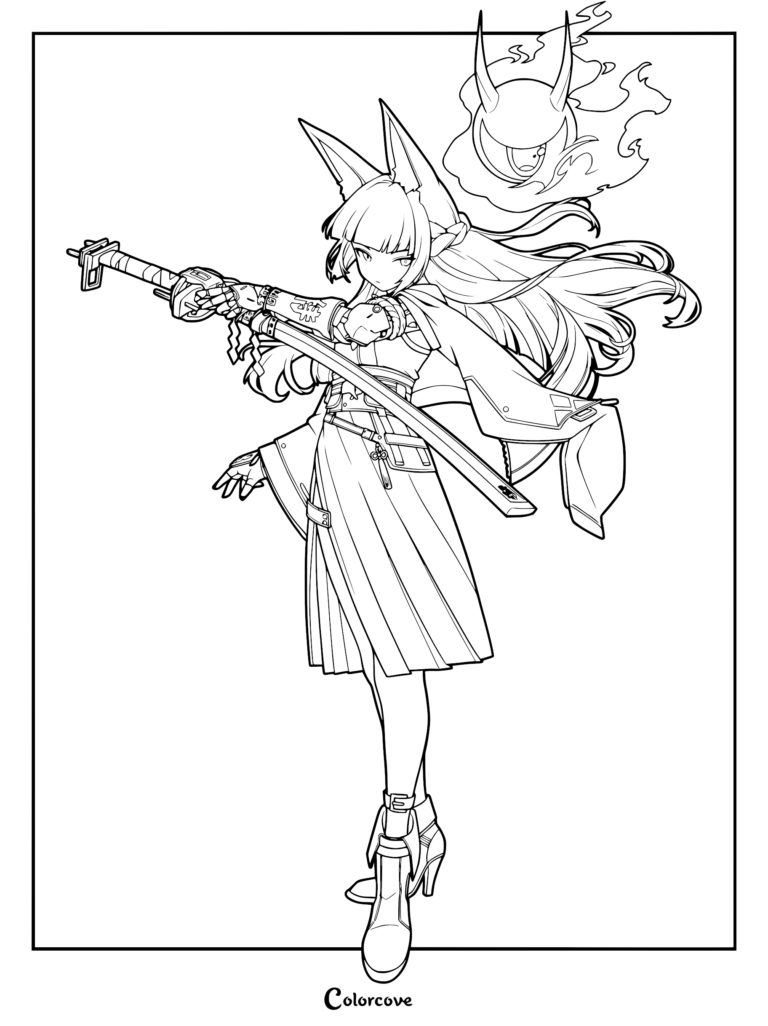 Hoshimi Miyabi from Zenless Zone Zero holding a katana in a dynamic pose with a floating spirit companion in this detailed line art coloring page.