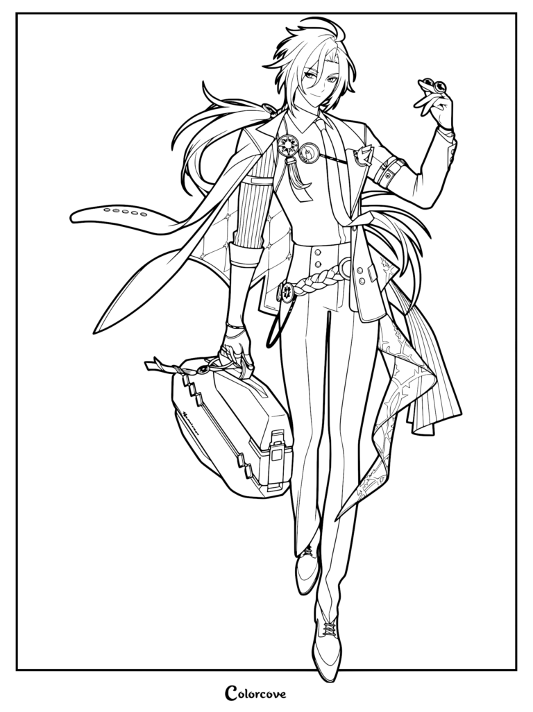 Hugo Vlad from Zenless Zone Zero in a stylish suit holding a briefcase, detailed line art coloring page.