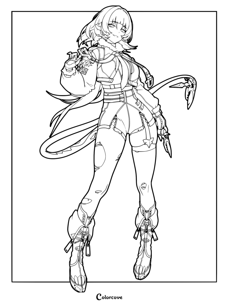 Jane Doe from Zenless Zone Zero standing in a confident pose, wearing her signature tactical jacket and boots, detailed line art coloring page.