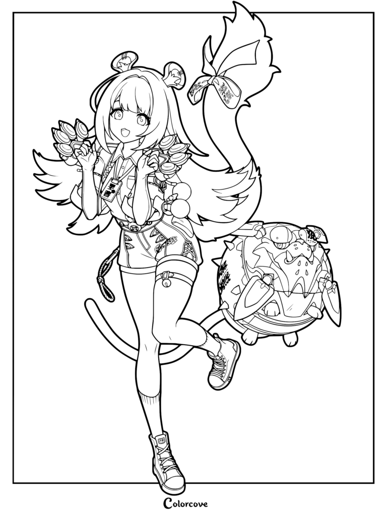 Ju Fufu from Zenless Zone Zero posing with a small mechanical companion in this detailed line art coloring page.