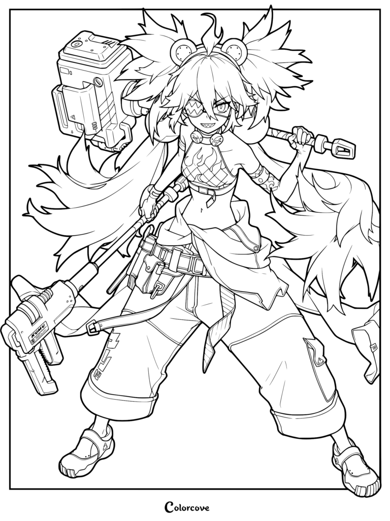 Koleda Belobog from Zenless Zone Zero holding a large hammer, detailed line art coloring page.