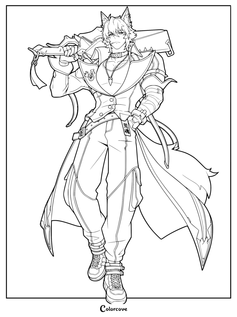 Komano Manato from Zenless Zone Zero holding a large sword over his shoulder in this detailed line art coloring page.