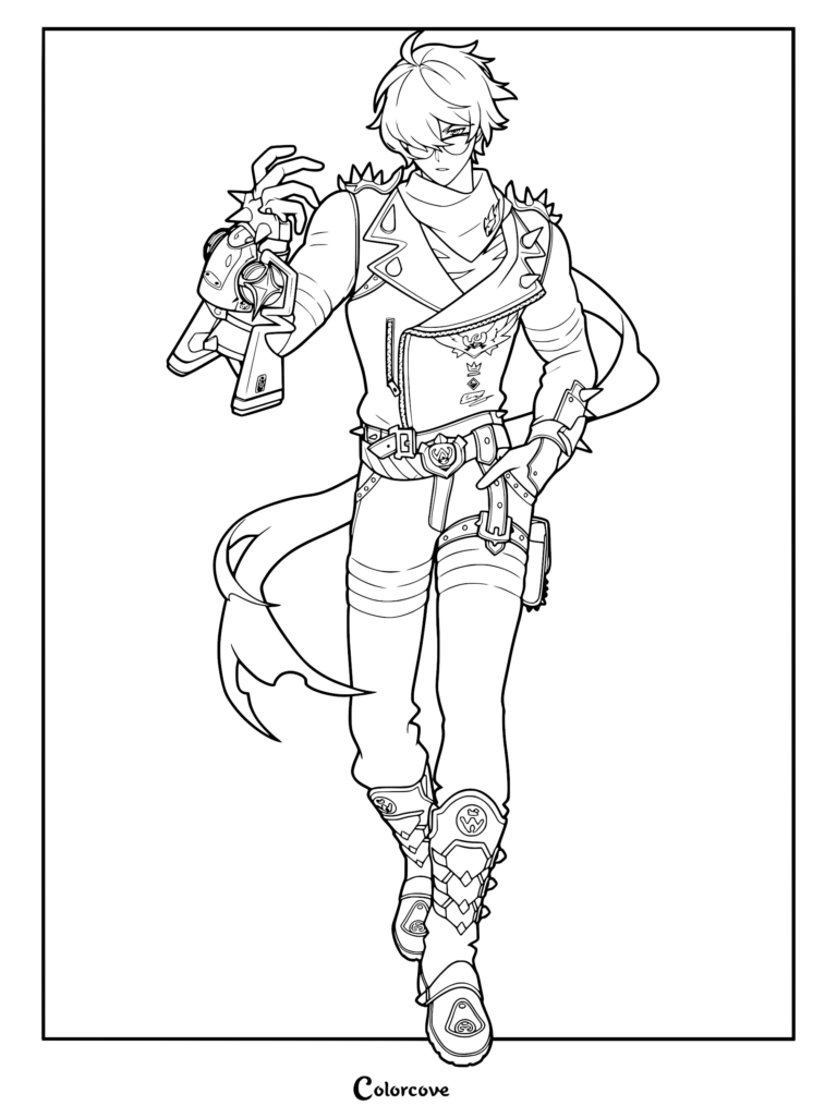 Lighter from Zenless Zone Zero wearing a spiked leather jacket and tactical gear in a detailed line art coloring page.