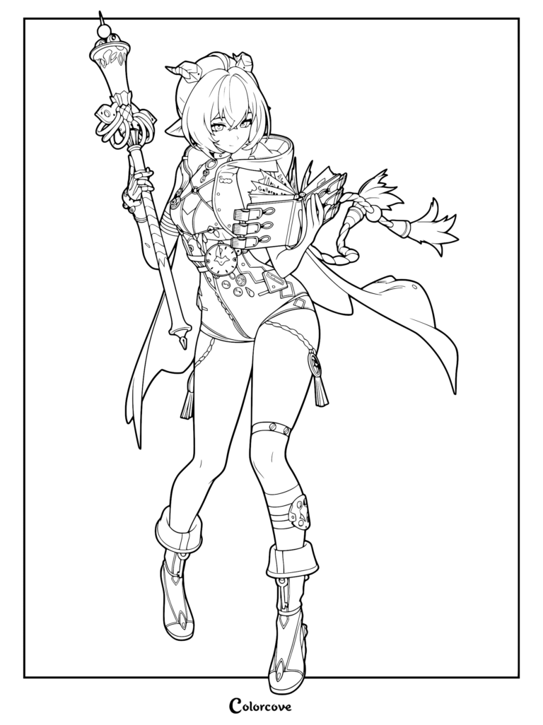Lucia Elowen from Zenless Zone Zero holding a magical staff and an open book in this detailed line art coloring page.