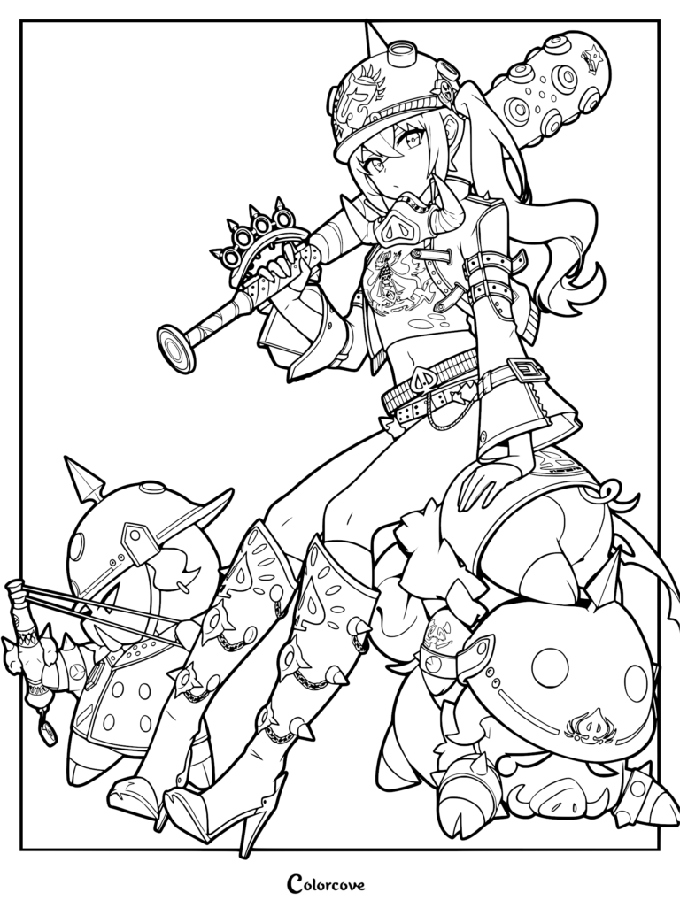 Luciana de Montefio from Zenless Zone Zero holding a spiked club with Bangboo companions in this detailed line art coloring page.
