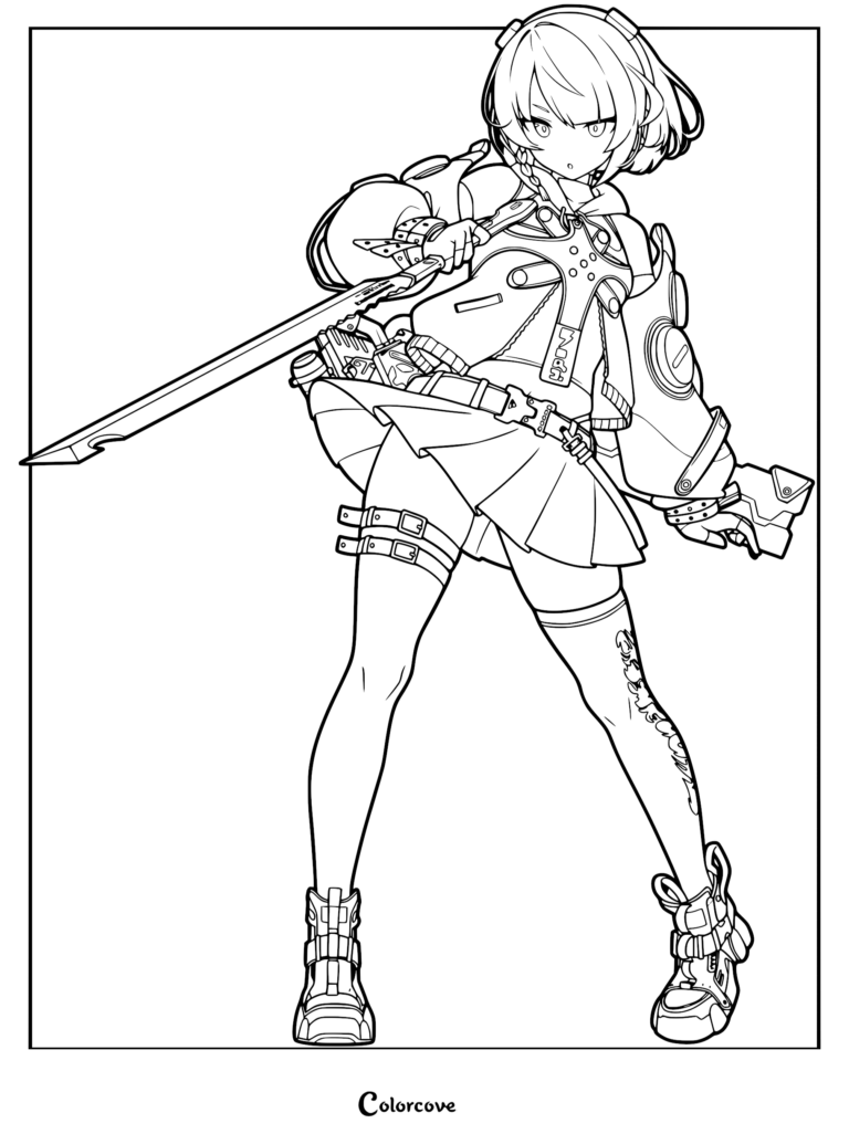 Anby Demara from Zenless Zone Zero holding a sword in a dynamic combat pose, detailed line art coloring page.