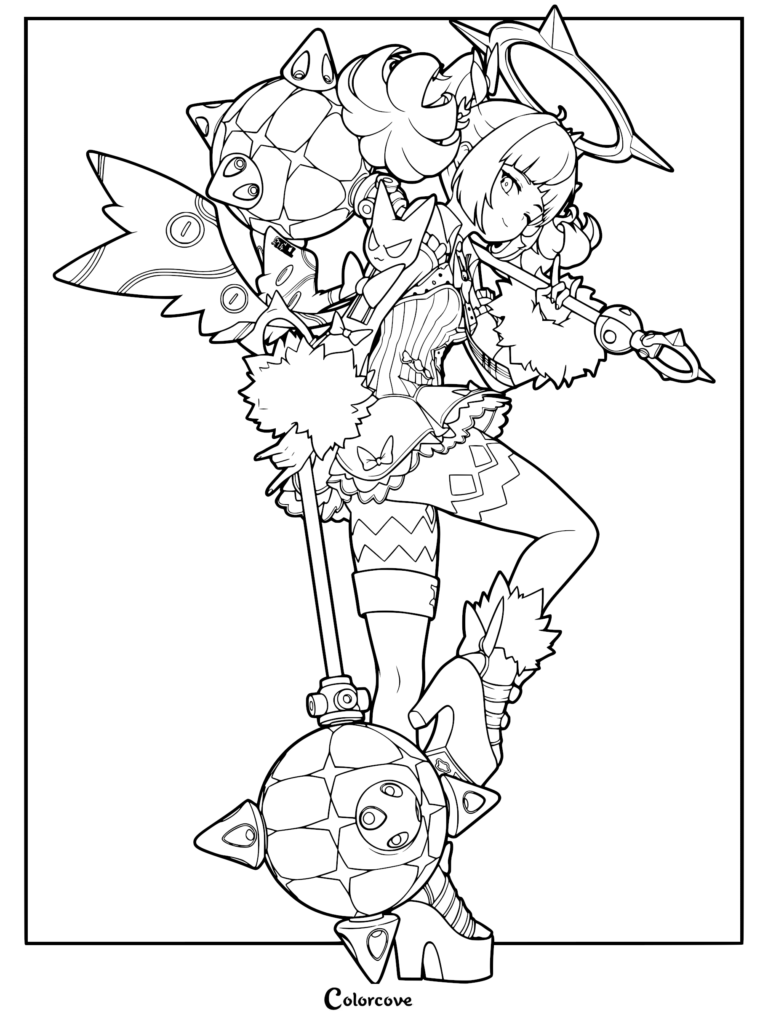 Nangong Yu from Zenless Zone Zero posing with a large spiked mace weapon in this detailed line art coloring page.