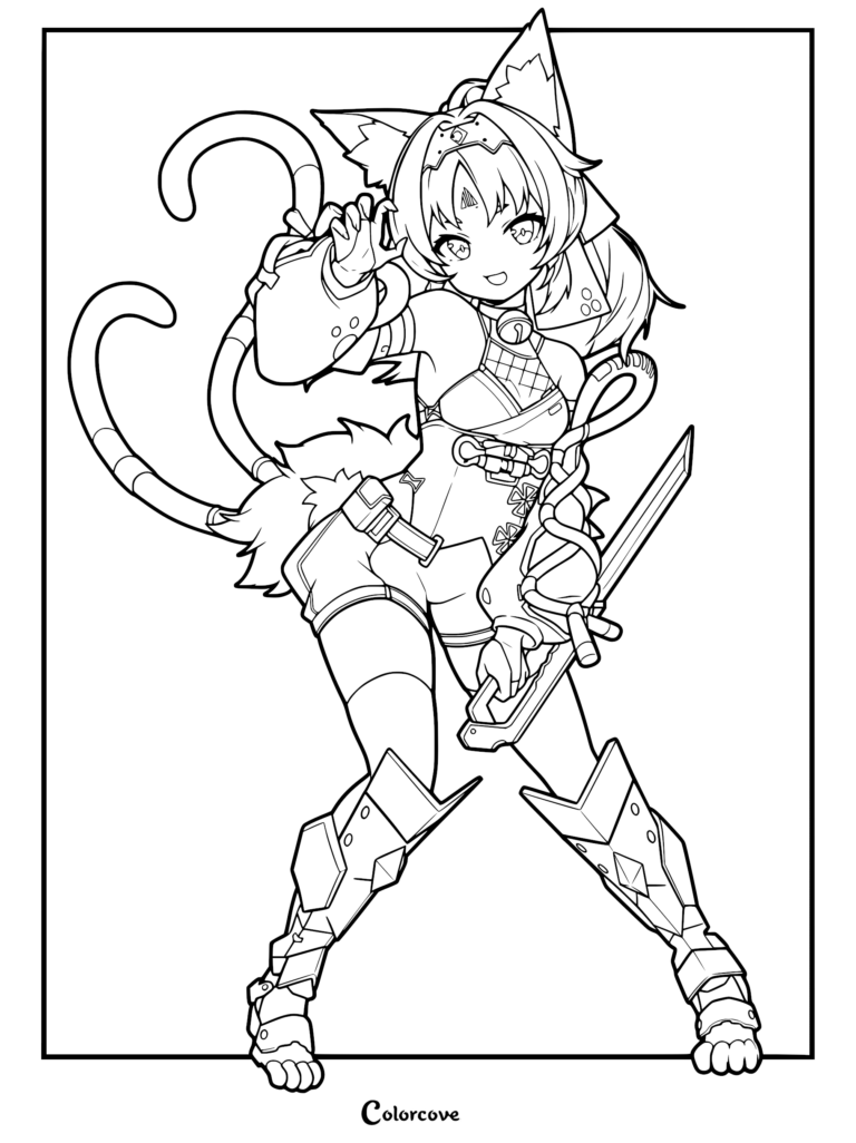 Nekomiya Mana from Zenless Zone Zero in a dynamic pose with dual tails and combat gear, detailed line art coloring page.