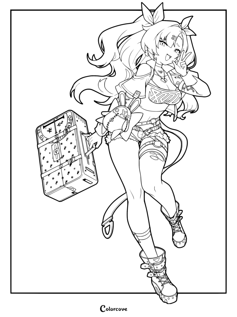 Nicole Demara from Zenless Zone Zero holding a patterned suitcase and making a peace sign in this printable coloring page.