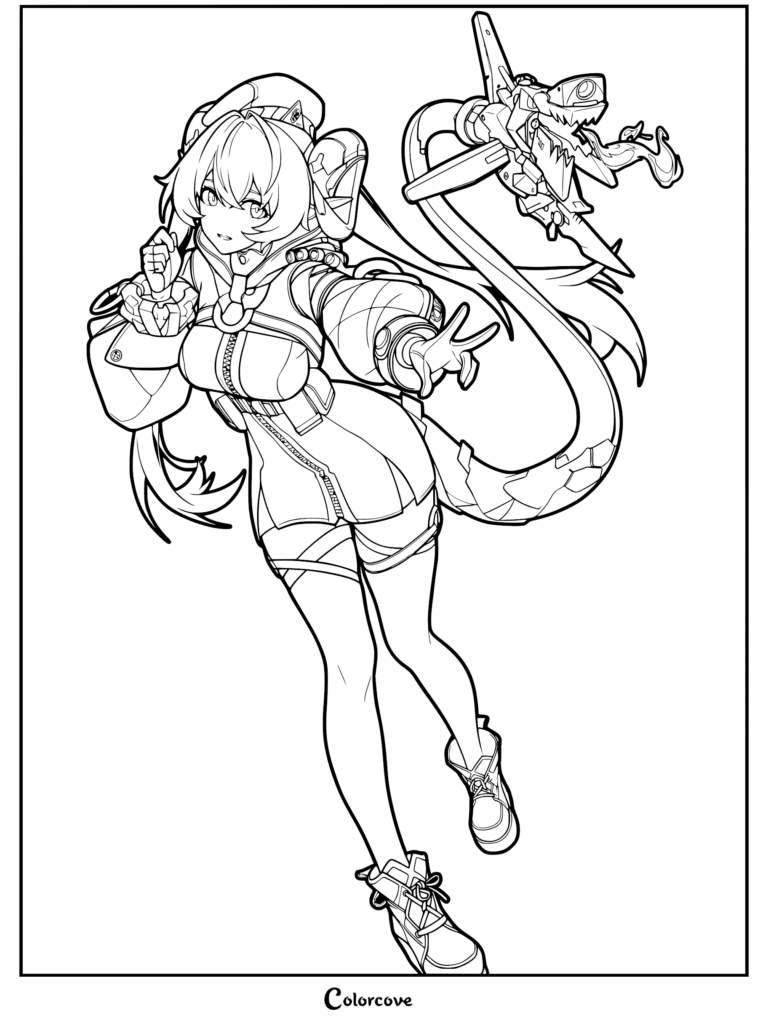Orphie Magnusson posing with her mechanical companion Magus in this detailed Zenless Zone Zero line art coloring page.