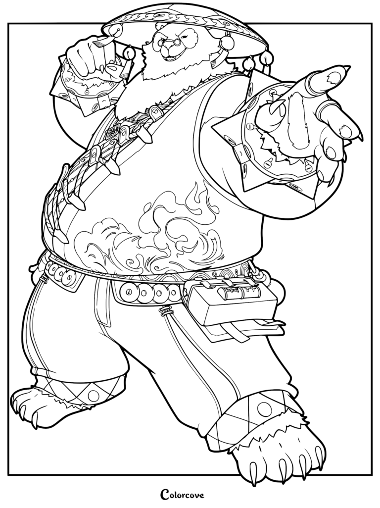 Pan Yinhu from Zenless Zone Zero in a dynamic combat pose wearing a traditional hat and ornate vest, detailed line art coloring page.