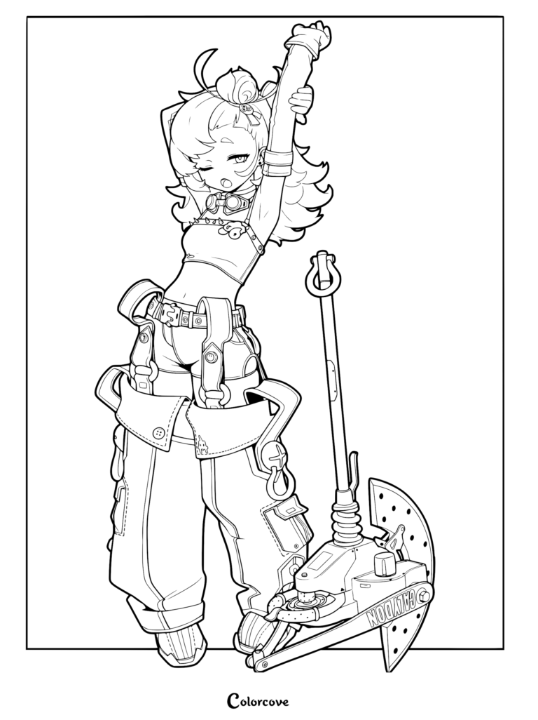 Piper Wheel from Zenless Zone Zero posing with her large circular saw weapon in this detailed line art coloring page.