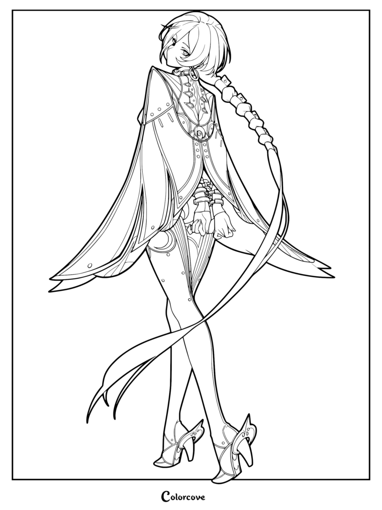 Promeia from Zenless Zone Zero standing in a graceful pose, featuring her long braided hair, intricate cape, and high-heeled boots in a detailed line art coloring page.