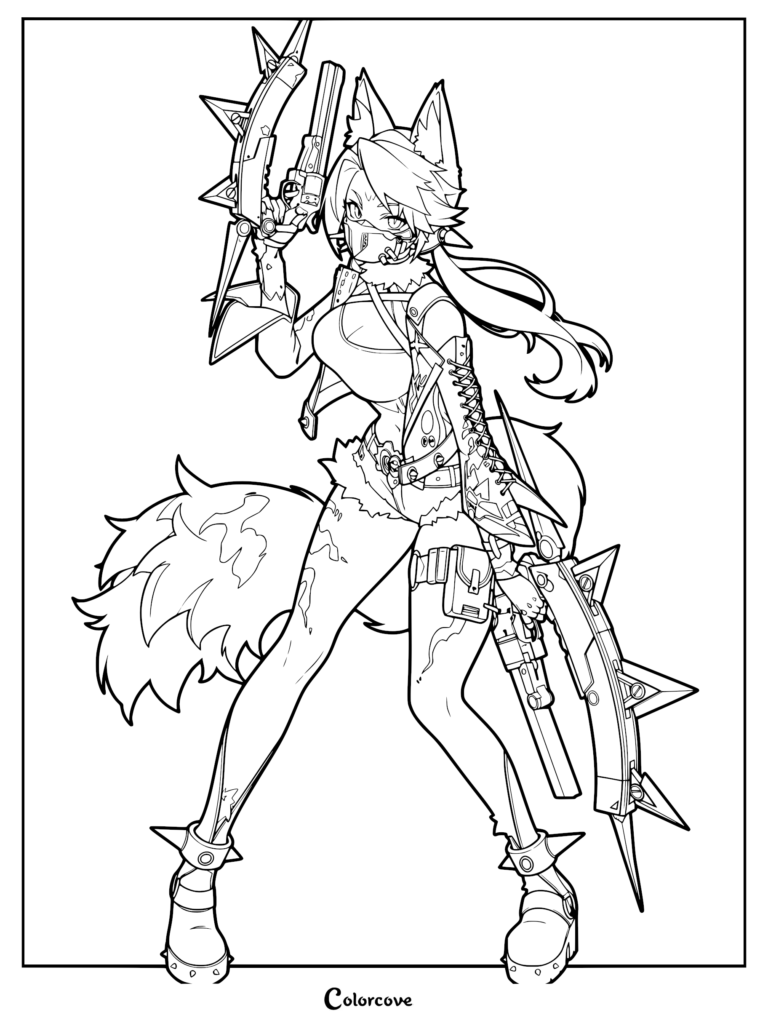 Pulchra Fellini from Zenless Zone Zero holding spiked weapons in a dynamic pose, detailed line art coloring page.