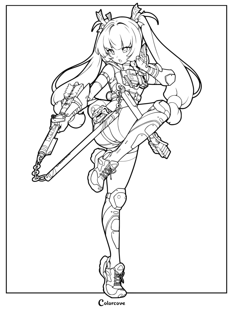 Qingyi from Zenless Zone Zero in a dynamic combat pose, holding her signature baton weapon, featured as a detailed line art coloring page.