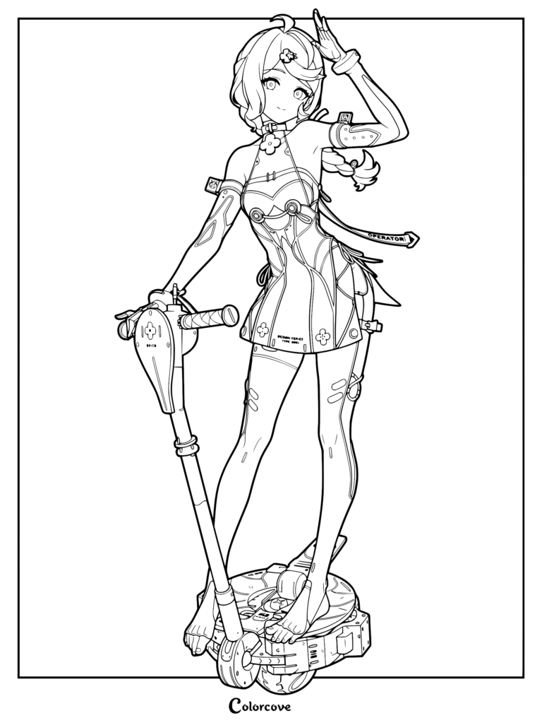 Seed from Zenless Zone Zero standing on a futuristic hoverboard, line art coloring page.