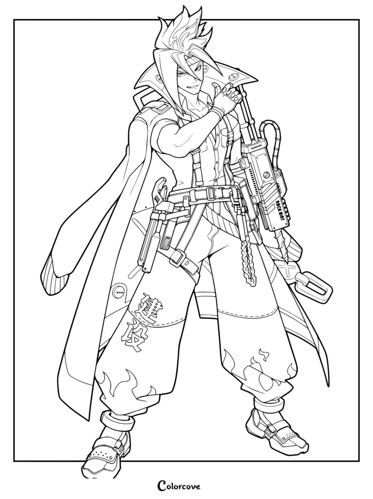 Anton Ivanov from Zenless Zone Zero standing with his heavy drill weapon in a detailed line art coloring page.