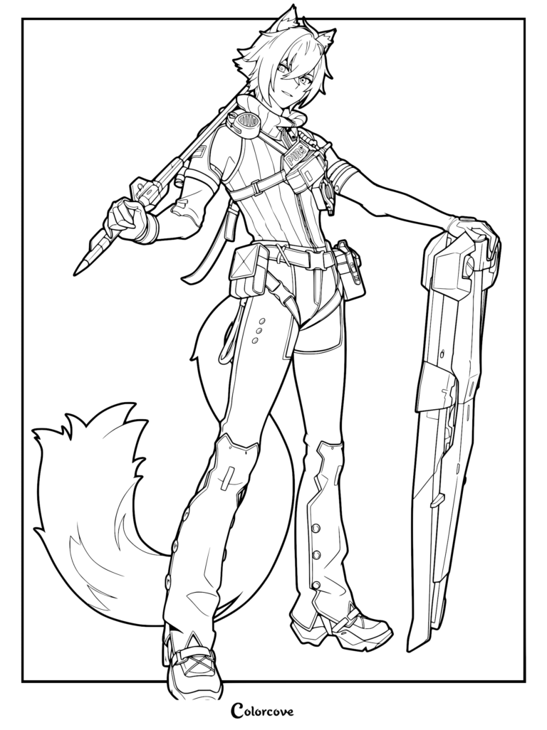 Seth Lowell from Zenless Zone Zero holding his signature weapon and shield in a detailed line art coloring page.