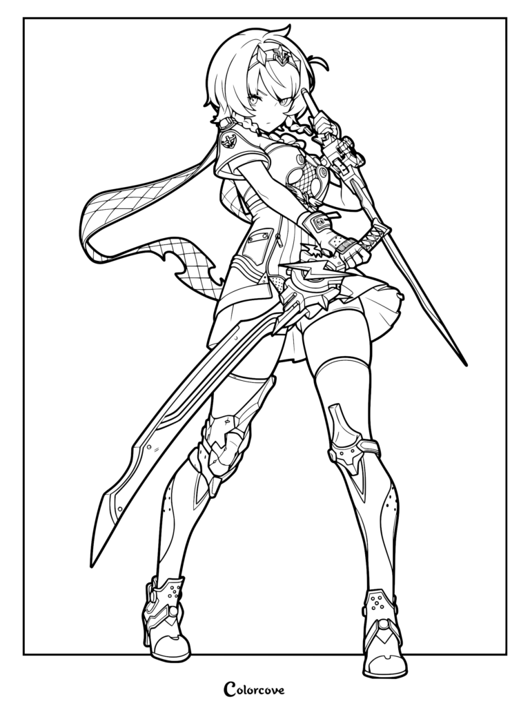 Anby Demara from Zenless Zone Zero holding her signature sword in a combat stance, detailed line art coloring page.