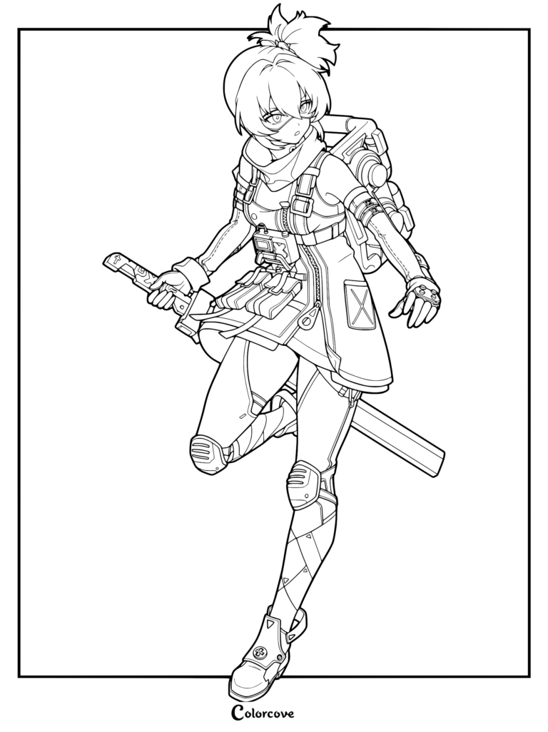 Soldier 11 from Zenless Zone Zero in a dynamic combat pose, holding her sword and wearing tactical gear, featured as a printable coloring page.