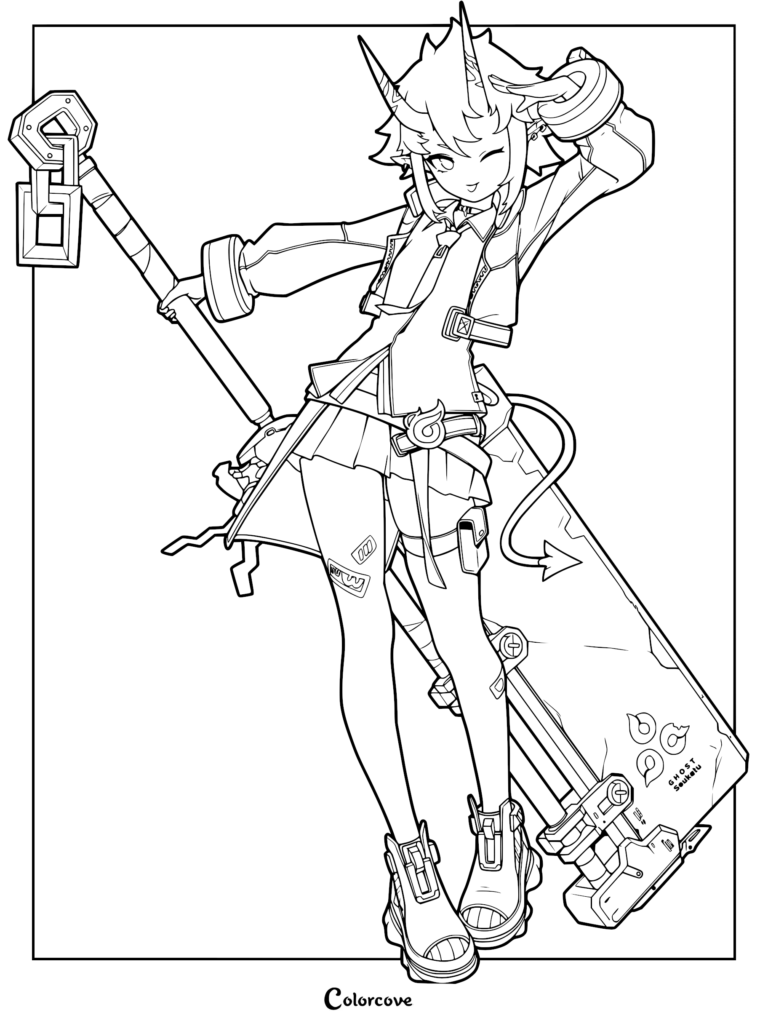 Line art coloring page of Soukaku from Zenless Zone Zero holding her giant flag weapon and winking.