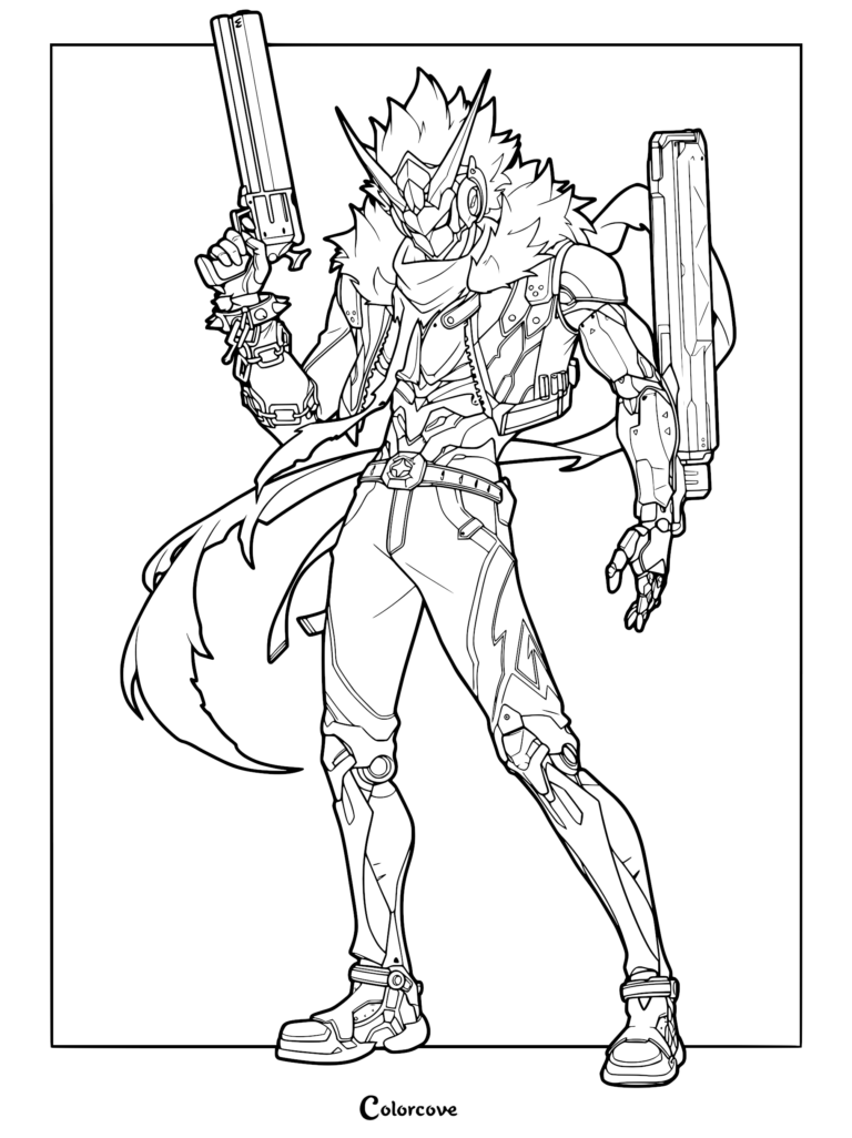 Zenless Zone Zero Starlight Billy Kid holding dual pistols in a dynamic pose, detailed line art coloring page.