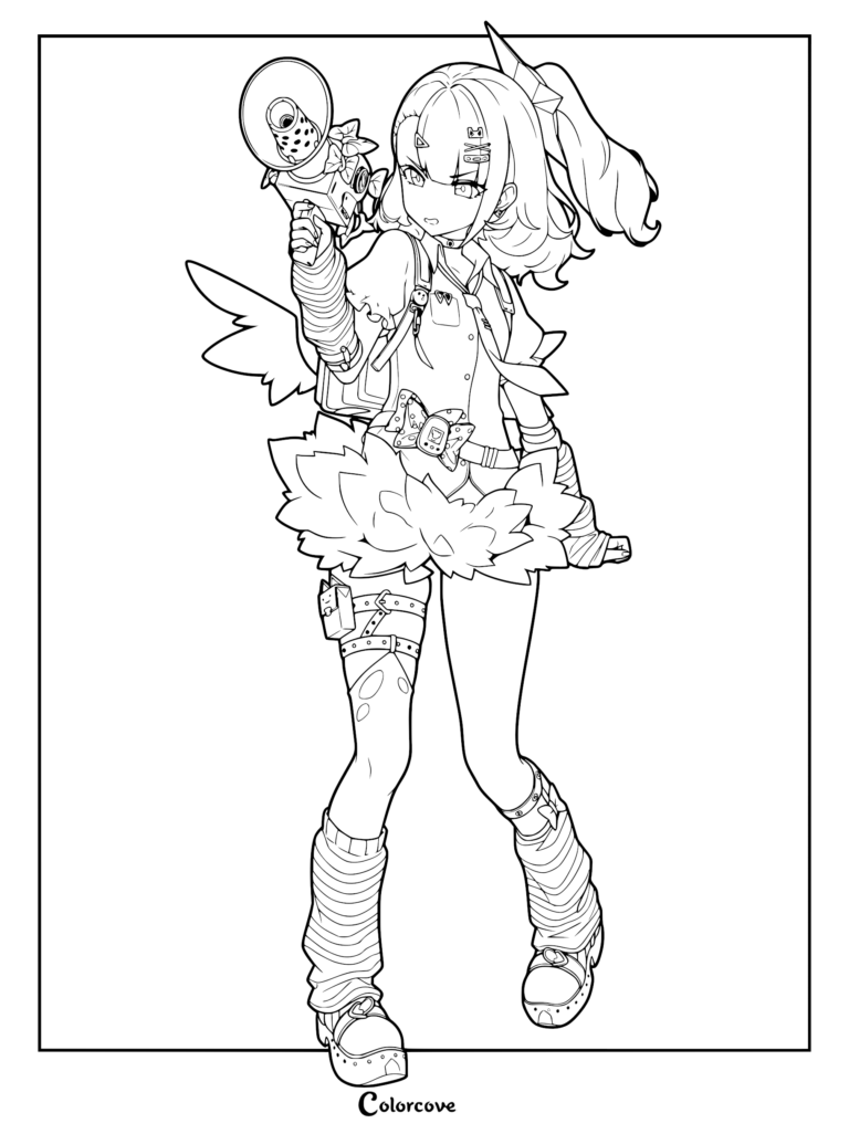 Sunna from Zenless Zone Zero holding a megaphone weapon in a detailed line art coloring page.