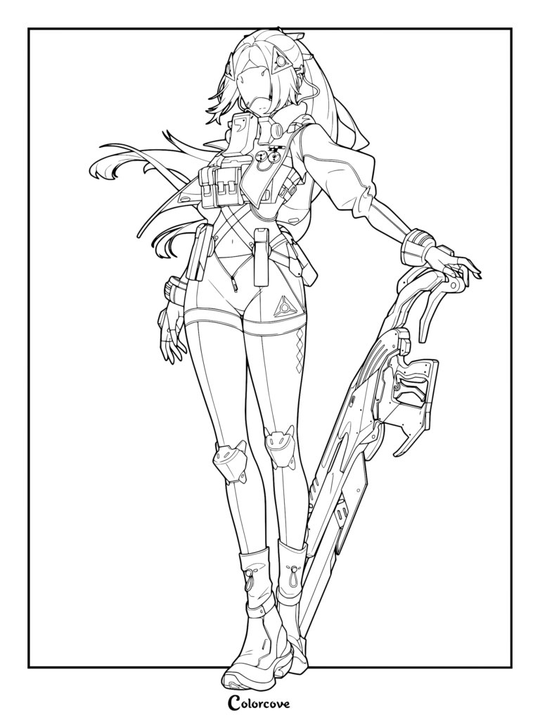 Zenless Zone Zero Trigger character standing with a large futuristic weapon in this detailed line art coloring page.