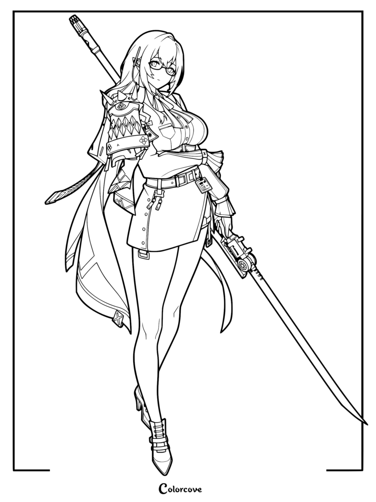 Tsukishiro Yanagi from Zenless Zone Zero standing with her long blade in this detailed line art coloring page.