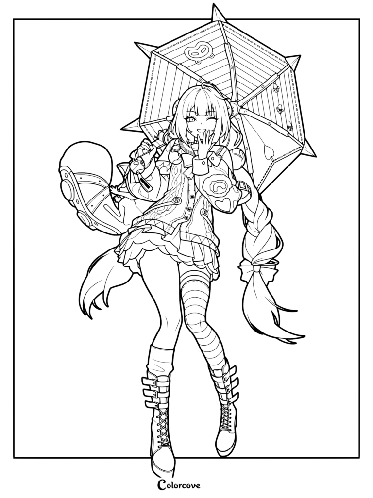 Ukinami Yuzuha from Zenless Zone Zero holding a patterned umbrella, line art coloring page.