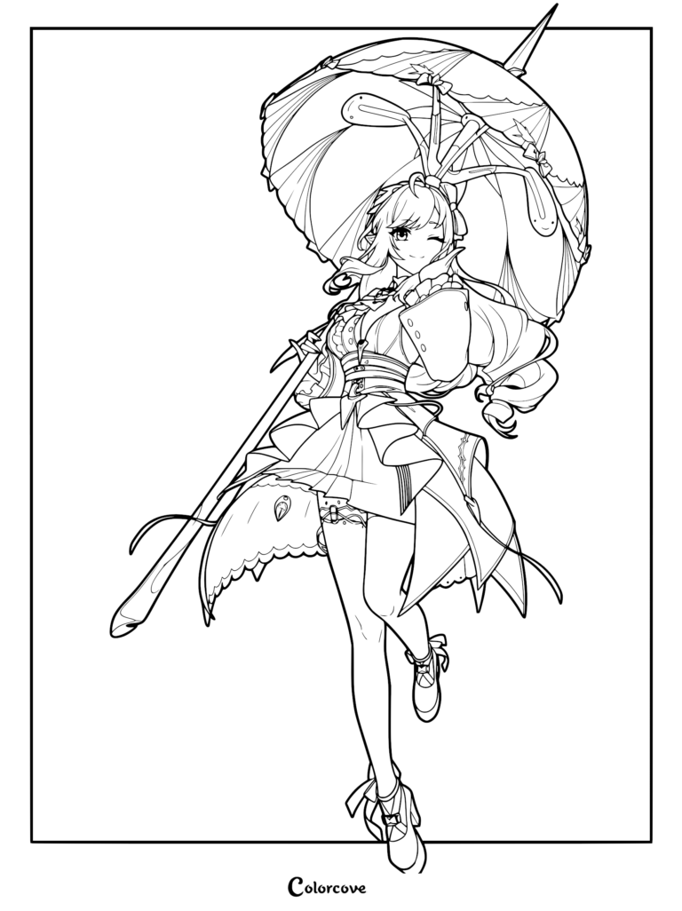 Vivian Banshee from Zenless Zone Zero holding a large parasol, detailed line art coloring page.