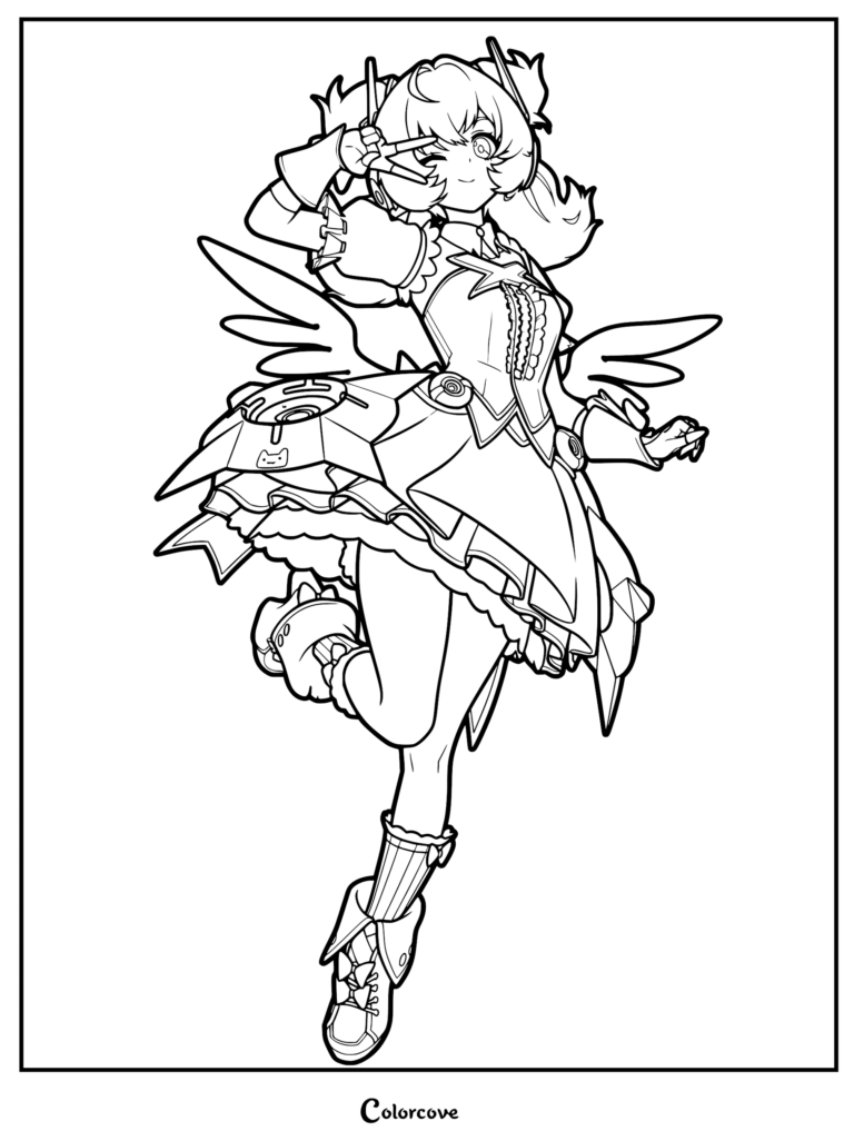 Aria from Zenless Zone Zero in a dynamic pose making a peace sign, detailed line art coloring page.