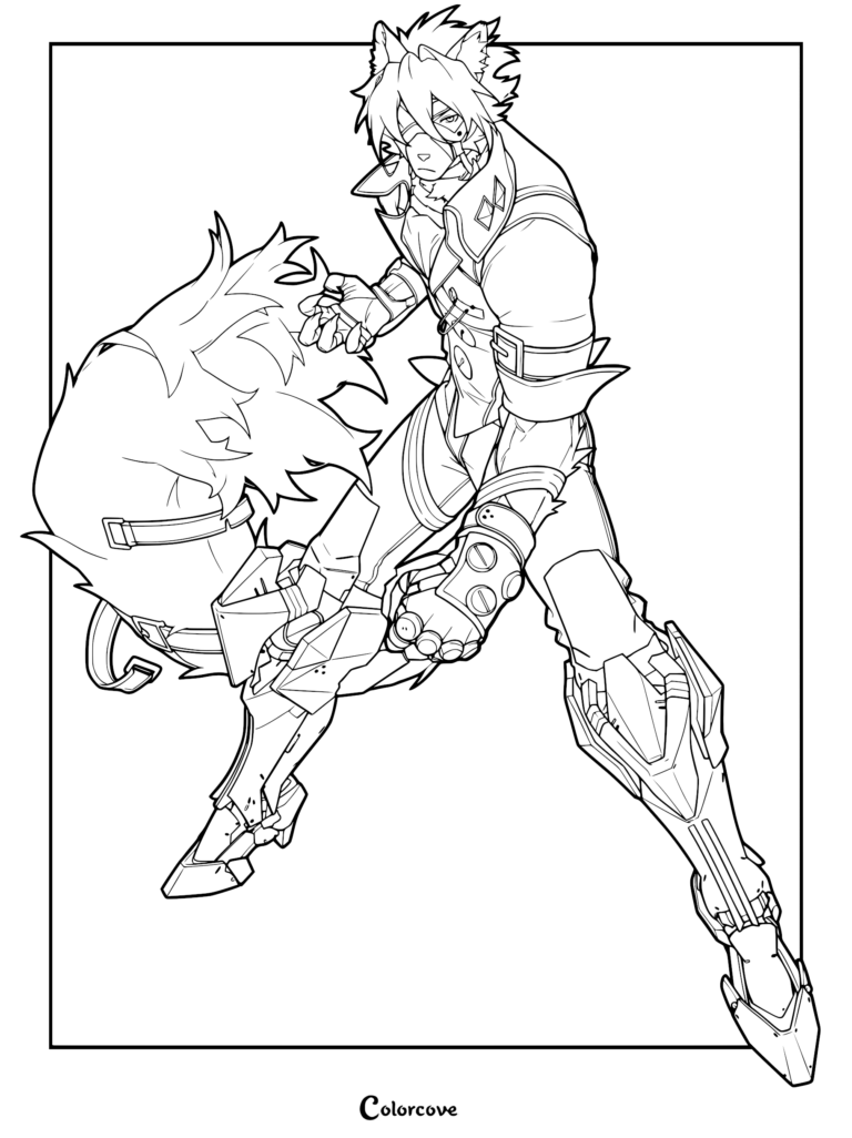 Von Lycaon from Zenless Zone Zero in a dynamic combat pose, featuring his signature mechanical leg armor and fluffy tail in this detailed line art coloring page.