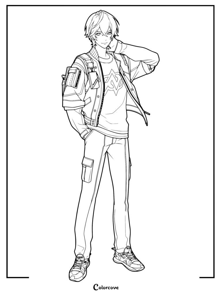 Line art coloring page of Wise from Zenless Zone Zero wearing a tactical jacket and cargo pants with his hand behind his head.