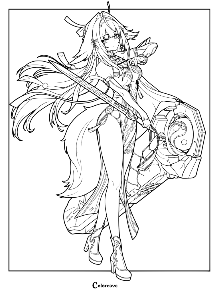 Ye Shunguang from Zenless Zone Zero holding a large shield and sword in this detailed line art coloring page.