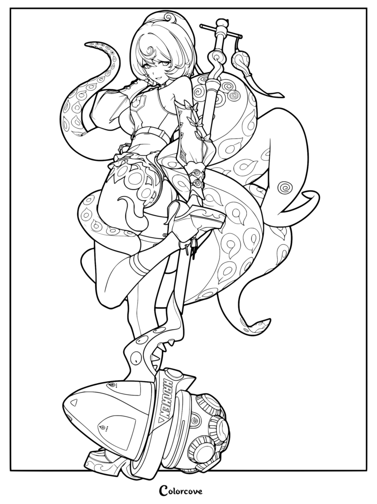 Yidhari Murphy from Zenless Zone Zero standing with tentacles and a large mechanical weapon in this detailed line art coloring page.