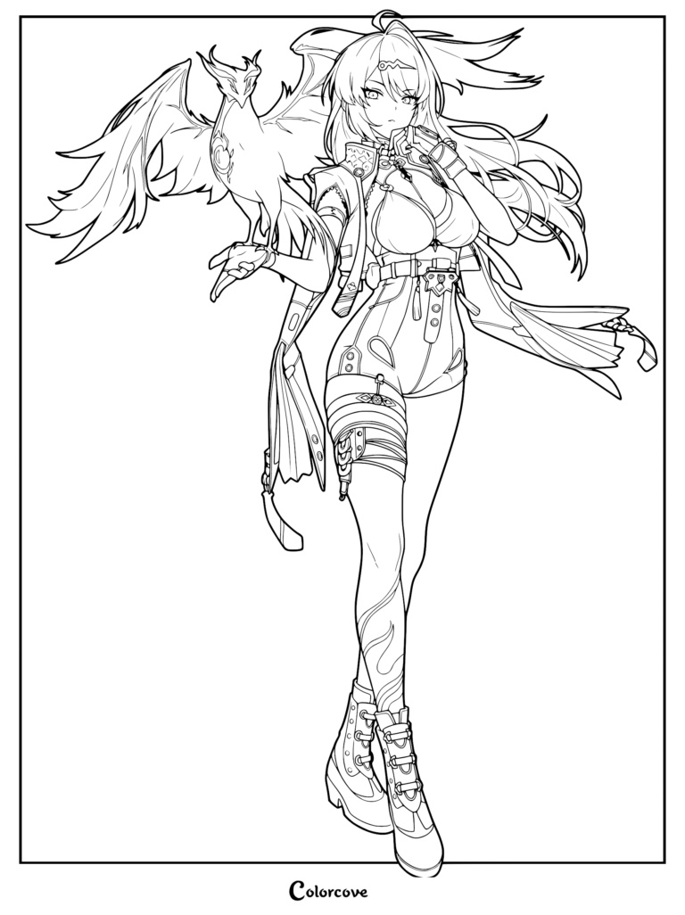 Yixuan from Zenless Zone Zero standing with a phoenix companion in this detailed line art coloring page.