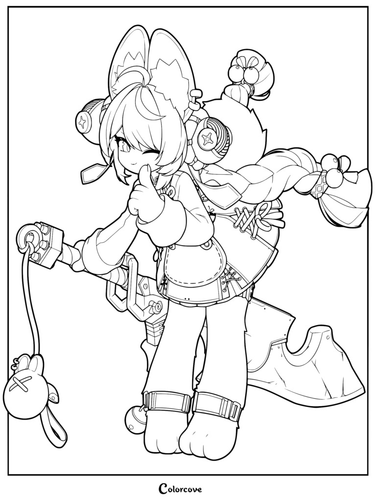 Zenless Zone Zero Zhao character line art coloring page featuring her signature oversized ears, braided hair, and mechanical gear accessories.