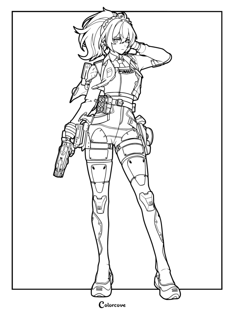 Zhu Yuan from Zenless Zone Zero in her Public Security uniform holding a pistol, detailed line art coloring page.