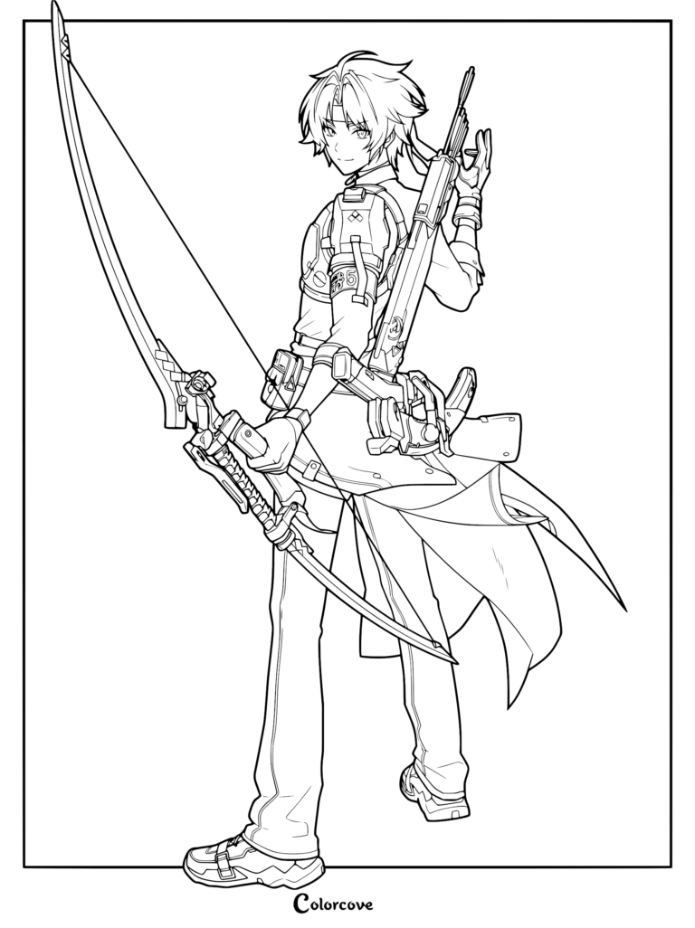 Asaba Harumasa from Zenless Zone Zero holding a large bow and rifle in this detailed line art coloring page.