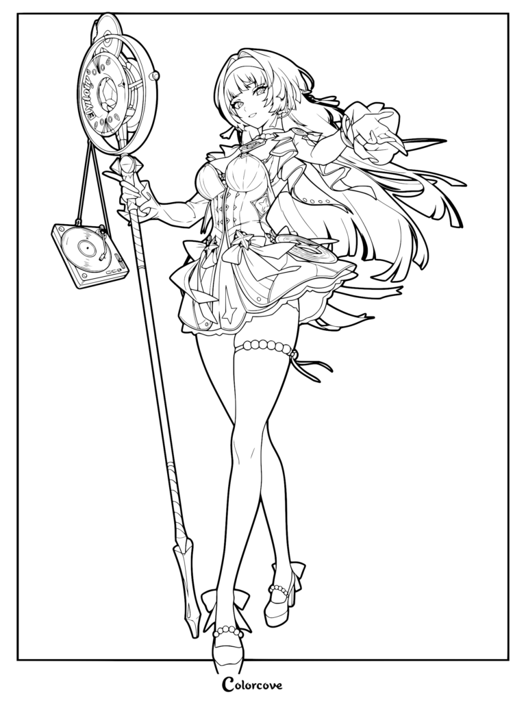 Astra Yao from Zenless Zone Zero holding a staff with a vinyl record player attachment, detailed anime style line art coloring page.