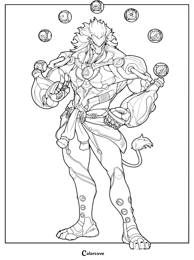 Banyue from Zenless Zone Zero standing in a powerful pose surrounded by floating mechanical orbs in this detailed line art coloring page.