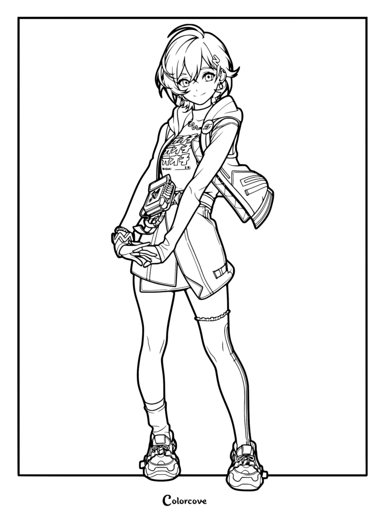 Belle from Zenless Zone Zero standing in a casual pose, line art coloring page featuring her signature jacket and tech accessories.
