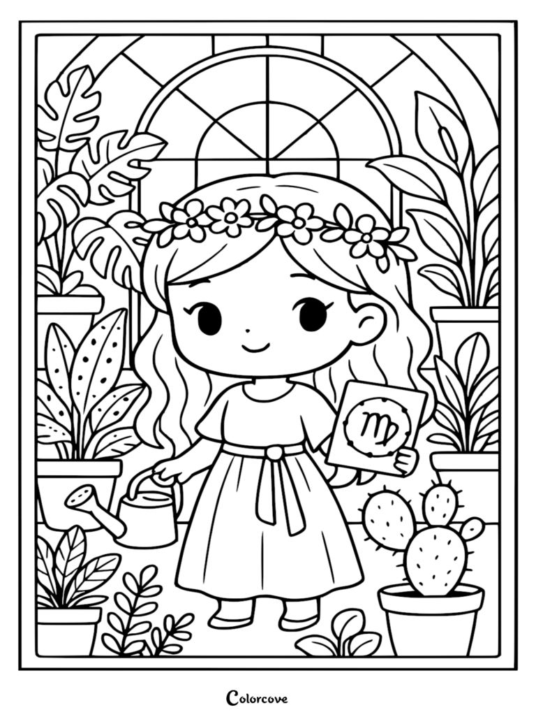 A cute chibi Virgo zodiac coloring page featuring a young girl wearing a flower crown, holding a sign with the Virgo symbol, standing in a greenhouse with various potted plants and a watering can.
