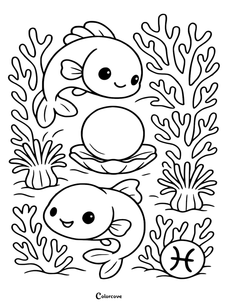 Two kawaii Pisces fish swimming around an open oyster shell with a pearl, surrounded by underwater coral reefs on this free zodiac coloring page.