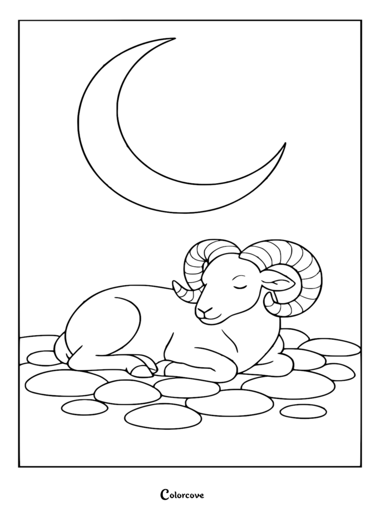 A peaceful Aries ram sleeping on smooth stones under a crescent moon, outline drawing style coloring page.