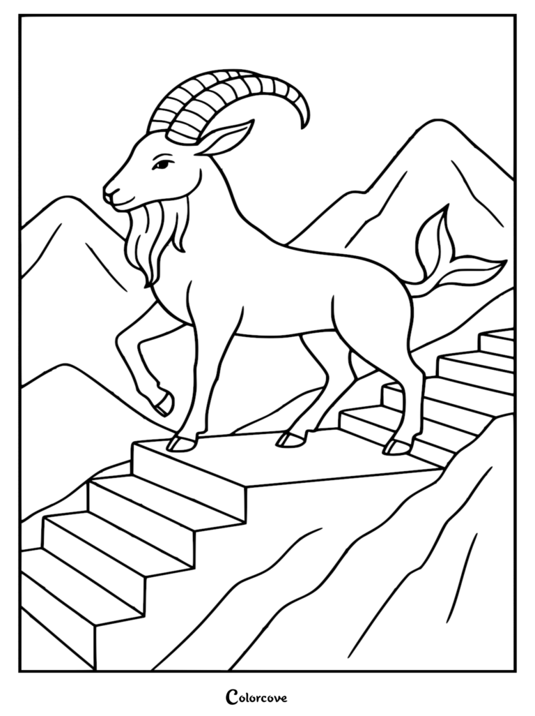 Capricorn sea-goat climbing a stone staircase in a mountain landscape, printable coloring page.