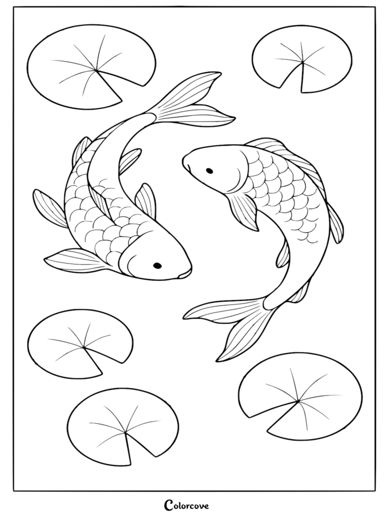 A Pisces zodiac coloring page featuring two stylized koi fish swimming in a circle surrounded by four lily pads.
