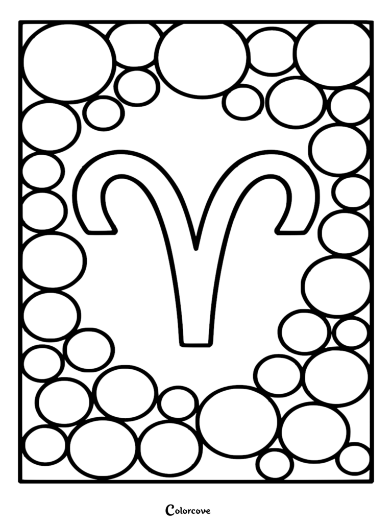 Aries zodiac symbol line art surrounded by a border of assorted circles on a white background, printable coloring page.